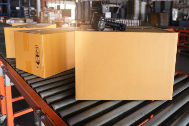 istock Cardboard boxes sorting on roller conveyor at the warehouse. Shipment boxes. Store warehousing. Storage warehouse 1306789003
