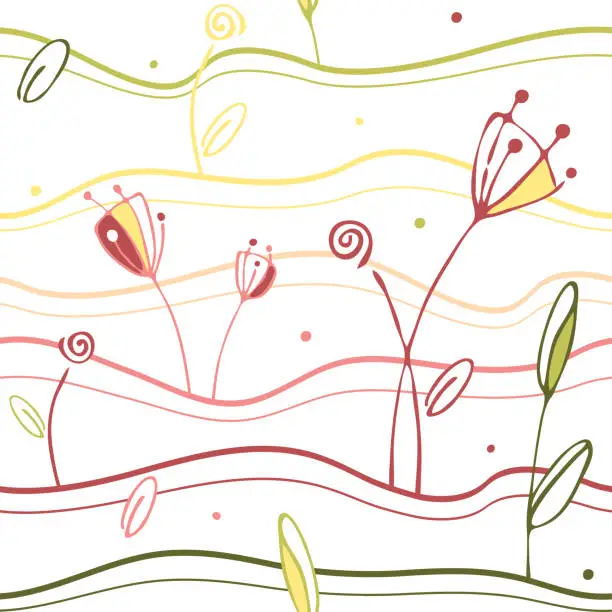 Vector illustration of pattern with flowers and waves on a white background