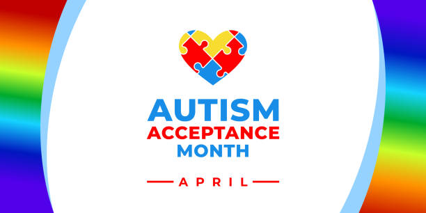 ilustraciones, imágenes clip art, dibujos animados e iconos de stock de mes de aceptación del autismo. banner vectorial, cartel, volante, tarjeta de felicitación para las redes sociales con el texto autism acceptance month, abril. ilustración con rompecabezas y arco iris sobre fondo blanco. - mes