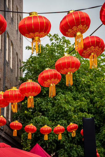 Red Chinese Lanterns set up for 2021 Year of the Ox in Sydney streets.