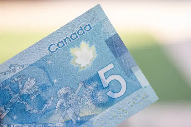 Close up of blue Canadian five (5) dollar bill with blurred defocused background. Macrophotography.