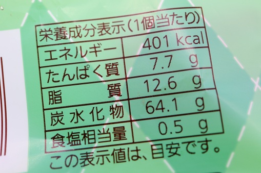 Labeling of confectionery packaging that also contains 64.1 grams of carbohydrates.