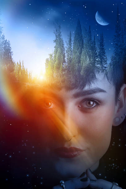 istock Multiple exposure of a beautiful woman, forest and moon. 1306799567