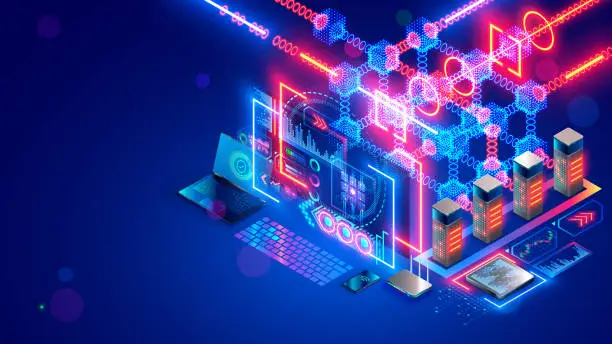 Vector illustration of Blockchain technology isometric concept. Computer farm mining cryptocurrency, digital money. Server racks in data center mine crypto currency, process big data consisting of chain of digital blocks.