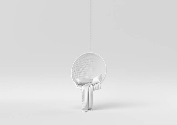 白い背景に白いぶら下がった庭の椅子。最小限のコンセプトのアイデア。モノクロ。3D レンダリング。