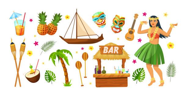 illustrations, cliparts, dessins animés et icônes de fête d’hawaï. éléments traditionnels hawaïens. cocktails, ananas, torche, bateau canoë hawaïen, palmiers, comptoir de bar, masques traditionnels, fille dansante. vecteur tropical hawaïen vecteur de partie de plage - hawaiian ethnicity