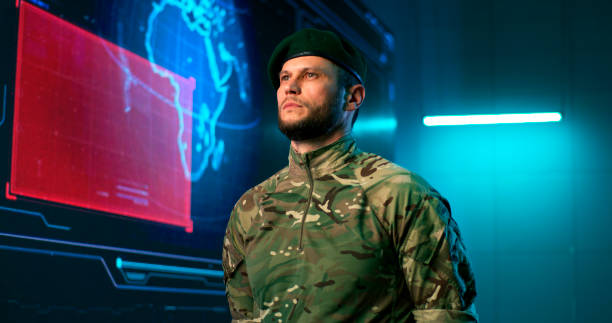 Male soldier against screen with count down