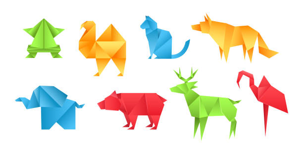 Origami animals different paper toys set frog, camel, bear, cat, deer, elephant, flamingo, wolf cartoon geometric game toys japanese paper origami wildlife vector Origami animals different paper toys set frog, camel, bear, cat, deer, elephant, flamingo, wolf cartoon geometric game toys japanese paper origami wildlife symbol vector chinese frog stock illustrations