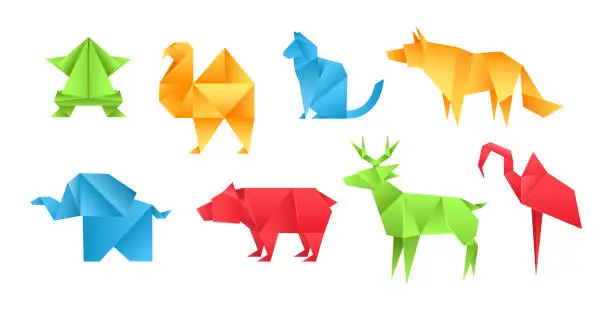 Vector illustration of Origami animals different paper toys set frog, camel, bear, cat, deer, elephant, flamingo, wolf cartoon geometric game toys japanese paper origami wildlife vector