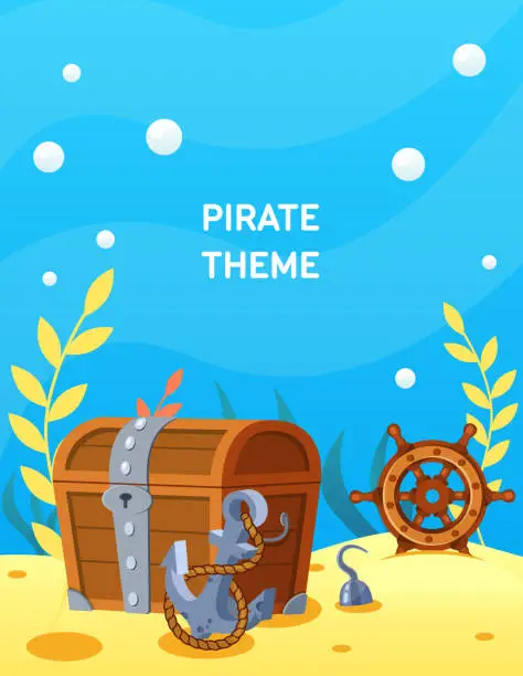 Vector illustration of Pirate theme. Vector cartoon treasure chest at bottom of ocean, steering wheel, anchor at depths of sea, among the sand under water. View of the underwater world, ancient treasures, coins, jewelry.