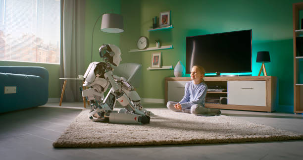 Girl speaking with robot friend at home