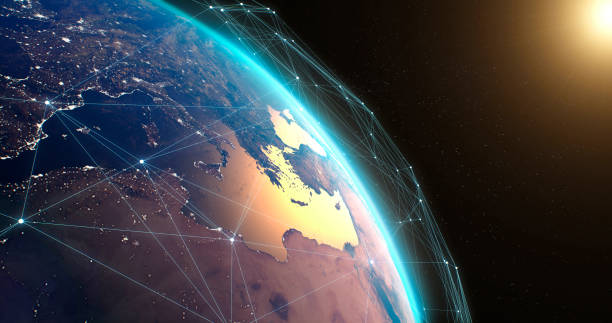 rete satellitare sul pianeta terra - antenna parabolica foto e immagini stock