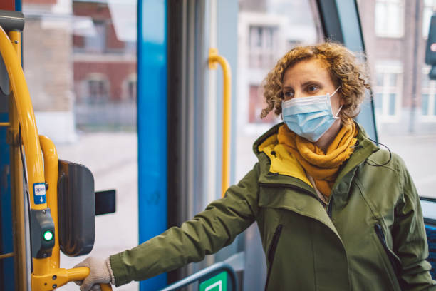 istock Woman Wearing Mask Standing In Bus 1306810829