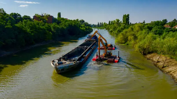 Above view on two excavators dredge as they dredging, working on river, canal, deepening and removing sediment, mud from riverbed in a polluted waterway.