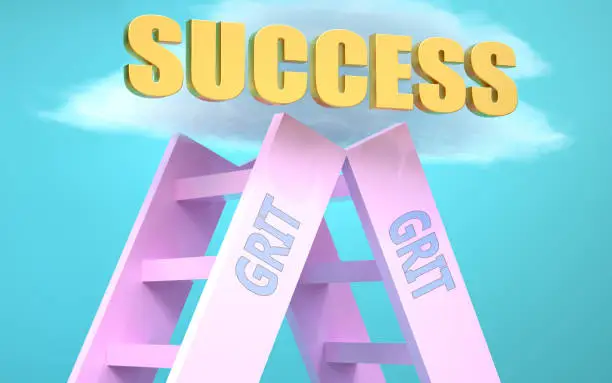 Grit ladder that leads to success high in the sky, to symbolize that Grit is a very important factor in reaching success in life and business., 3d illustration.