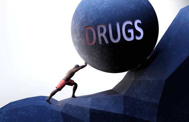 istock Drugs as a problem that makes life harder - symbolized by a person pushing weight with word Drugs to show that Drugs can be a burden that is hard to carry, 3d illustration 1306812380