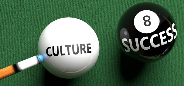 Culture brings success - pictured as word Culture on a pool ball, to symbolize that Culture can initiate success, 3d illustration