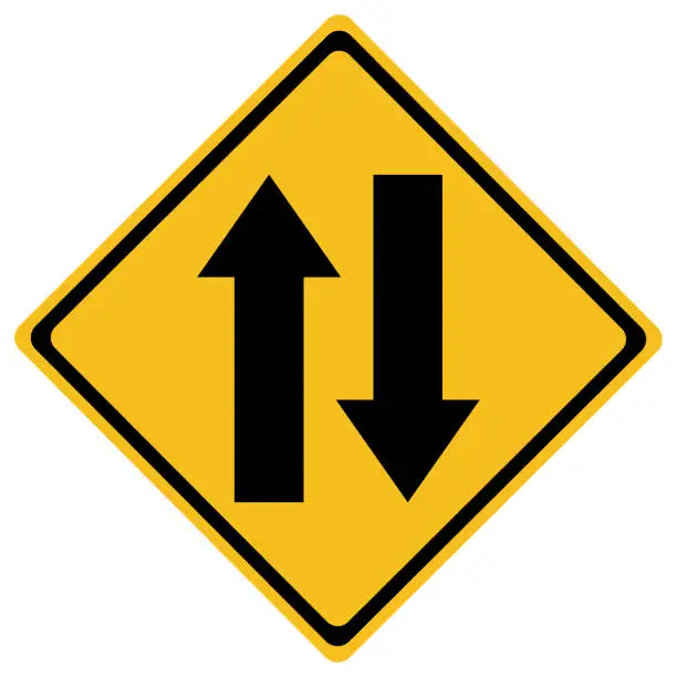 Vector illustration of Two way yellow traffic sign on white