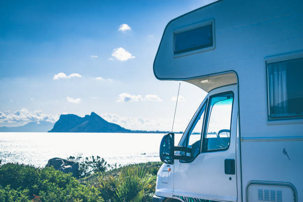 istock Caravan on spanish coast, Gibraltar rock on horizon 1306815606