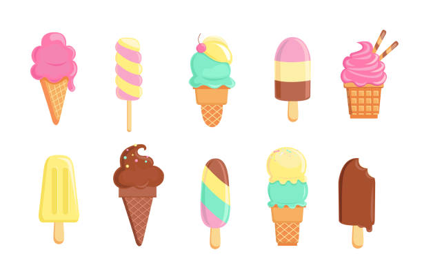 Set of tasty ice creams for hot summer. Set of tasty ice creams. Sweet summer delicacy sundaes,gelatos with different tasties,collection isolated ice-cream cones and popsicle with different topping.Vector illustration for web,design, print. popsicle stock illustrations