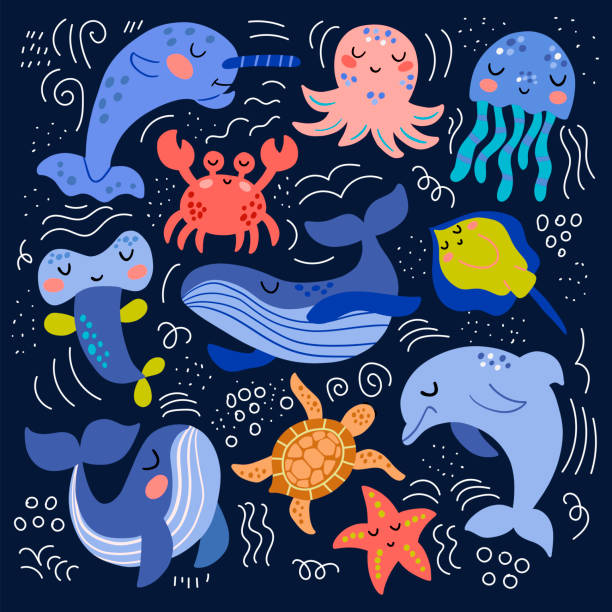 istock Set of cute sea animals in vector graphics on a blue background. For the design of covers, prints, wrapping paper, bags 1306818784