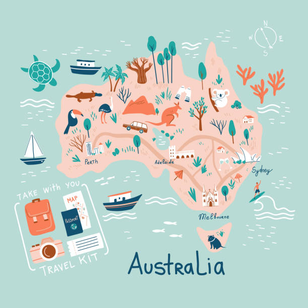 doodle australien karte. reiseführer. hand gezeichnete vektor-illustration. - australische kultur stock-grafiken, -clipart, -cartoons und -symbole