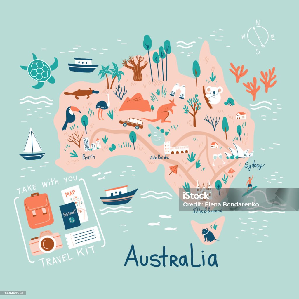 Mappa di Doodle Australia. Guida di viaggio. Illustrazione vettoriale disegnata a mano. - arte vettoriale royalty-free di Australia Mappa di Doodle Australia. Guida di viaggio. Illustrazione vettoriale disegnata a mano. - arte vettoriale royalty-free di Australia