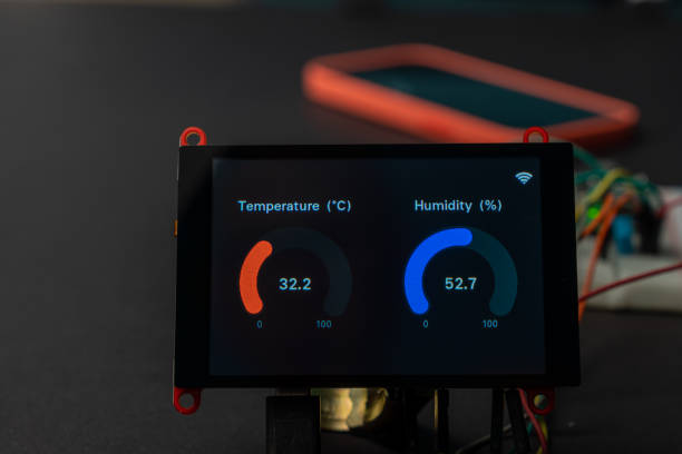 Temperature data And relative humidity through the LCD screen connected to the microcontroller and the experimental board to study the IoT Internet of Things project and connected Internet with wireless via mobile phones or smartphones. datos de temperatura y humedad relativa a través de la pantalla lcd conectada al microcontrolador y la placa experimental para estudiar el proyecto iot internet of things y conectar internet con inalámbrico a través de teléfonos móviles o teléfonos i