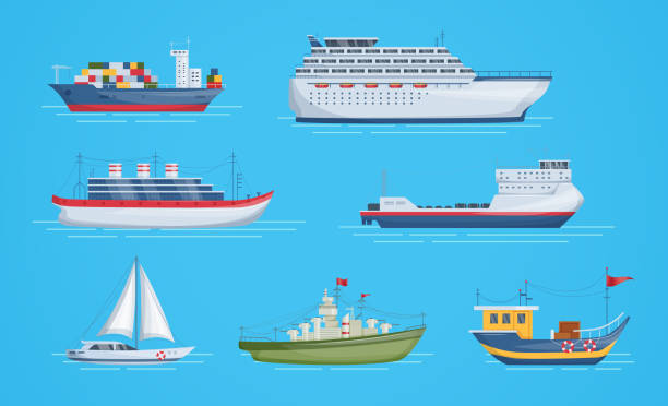 Maritime ships at sea, shipping boats, sailboat, yacht sailing, cargo cruise ship, steamship, vessel, frigate with sails, battleship, tanker. Water transportation boat tourism transport cartoon Maritime ships at sea, shipping boats, sailboat, yacht sailing, cargo cruise ship, steamship, vessel, frigate with sails, battleship, tanker. Water transportation boat tourism transport cartoon vector ferry nautical vessel industrial ship sailing ship stock illustrations