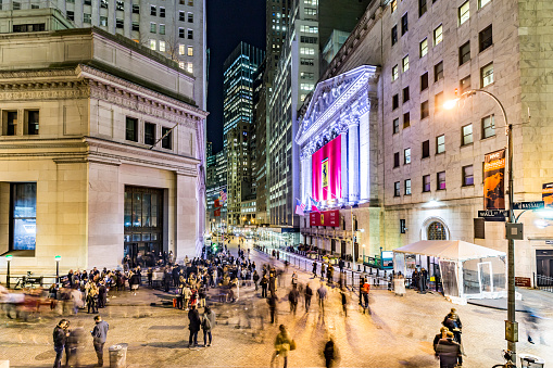 New York, USA - October 20, 2015: people join the party at wall street due to successful Ferrari  Wall street debut. The shares jumped on the first das to 60 USD.