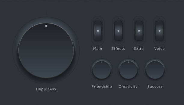 Smooth Dark UI Dashboard with Touch Screen Knobs and Buttons in a Modern and Clean Skeuomorphism or Neumorphism User Interface Dashboard vector art illustration