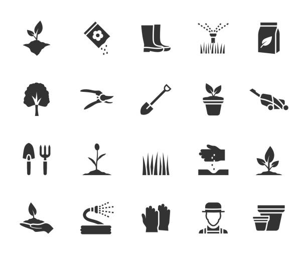 Vector set of gardening flat icons. Contains icons plant, grass, garden tool, fertilizer, gardener, lawn mower, tree and more. Pixel perfect. Vector set of gardening flat icons. Contains icons plant, grass, garden tool, fertilizer, gardener, lawn mower, tree and more. Pixel perfect. agricultural sprinkler stock illustrations