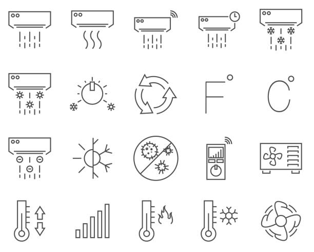 Set of conditioning system line vector icons. Set of ventilation and conditioning system line vector icons. Outline style heat transfer fluid stock illustrations