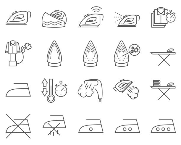 Set of iron and laundry line vector icons. Set of iron and laundry line vector icons. Outline style iron steam stock illustrations