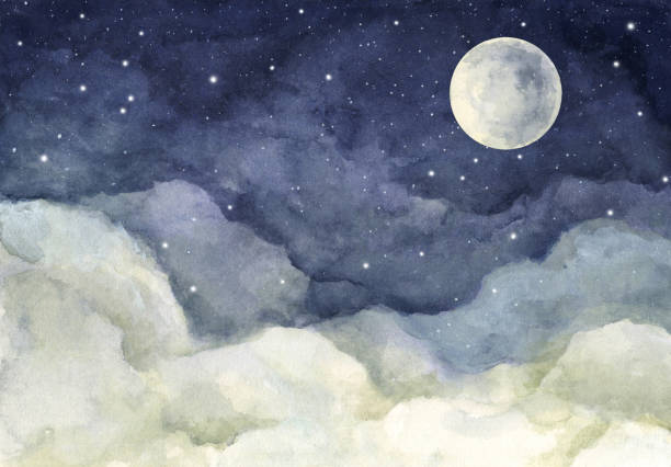 illustrazioni stock, clip art, cartoni animati e icone di tendenza di pittura ad acquerello del cielo notturno con luna piena e stelle splendenti. - luna
