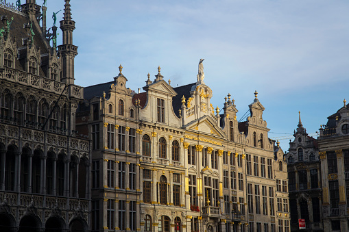 View of the facades of the houses on Grand Place in Brussels, Belgium.