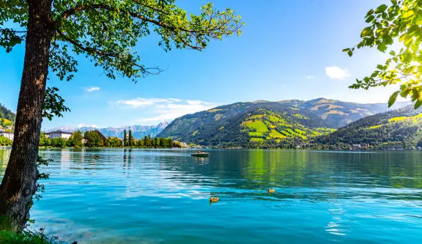 Lake Zell, German: Zeller See, and mountains on the backround. Zell am See, Austrian Alps, Austria.