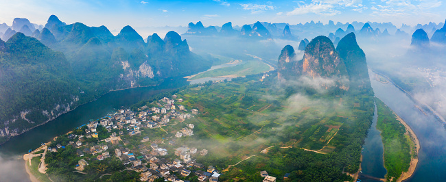 Guilin,Guangxi,China karst mountains on the Li River.Aerial view.