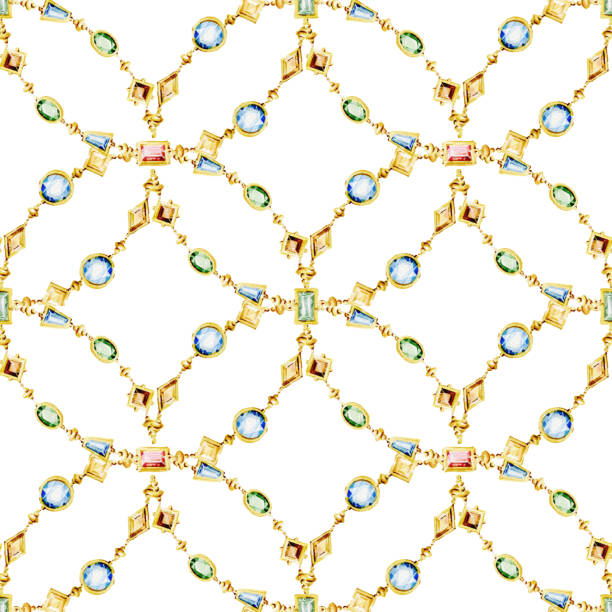 Watercolor seamless pattern of  jewelry chains and multicolor gemstones.