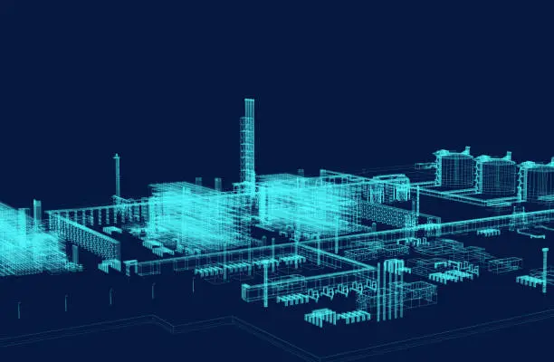 The territory of the LNG plant. The project is executed with neon lines on a dark blue background. 3d-rendering