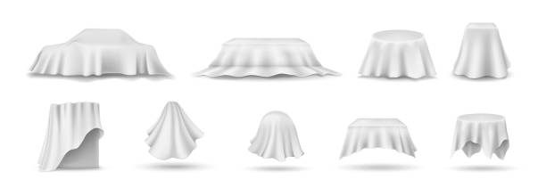 Set of draped table covers. Realistic hanging napkin, tablecloth, curtain. Set of draped table covers. Realistic hanging napkin, tablecloth, curtain. White silk cloth covered tablecloth, fabric curtain cover. Realistic illustration on white background. sheet stock illustrations