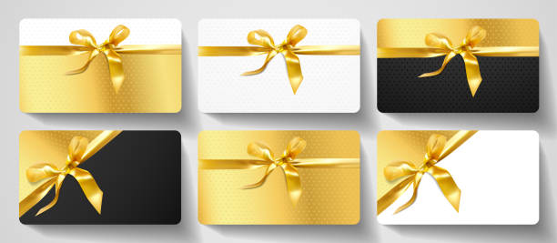 ilustrações de stock, clip art, desenhos animados e ícones de gift card design collection. blank template with gold ribbon, bow on luxury golden, black and white background with stars - black ribbon gift bow