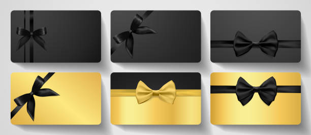 istock Gift card design collection. Blank template with black ribbon, bow on luxury gold background 1306841041