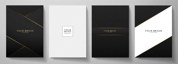 Modern black cover design set. Creative abstract with diagonal line, carbon pattern (triangle texture) on background Premium vector collection for catalog, brochure template, magazine layout, booklet black tie events stock illustrations