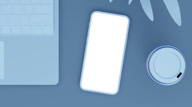 istock Monochromatic 3D render. Office scene. Laptop and smartphone with blank screens. Can be used as mock-up. 1306843555