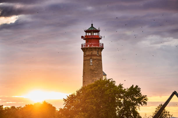 drone view of lighthouses in sunset from northern part of island of Ruegen - called Kap Arkona