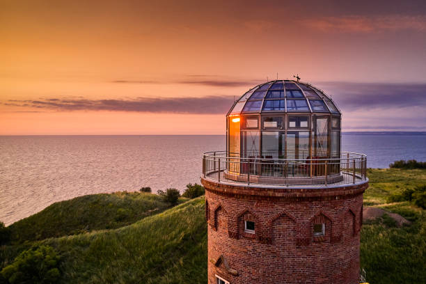 drone view of lighthouses in sunset from northern part of island of Ruegen - called Kap Arkona