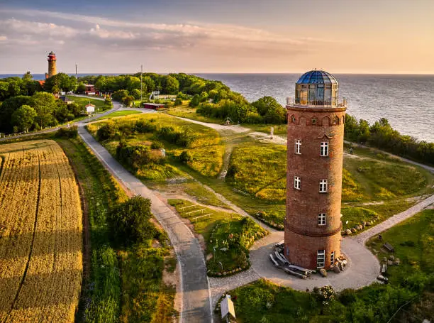 drone view of lighthouses in sunset from northern part of island of Ruegen - called Kap Arkona