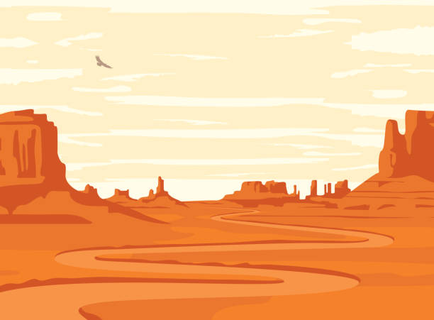 westliche wüstenlandschaft mit kurvenreichem feldweg - grand canyon stock-grafiken, -clipart, -cartoons und -symbole