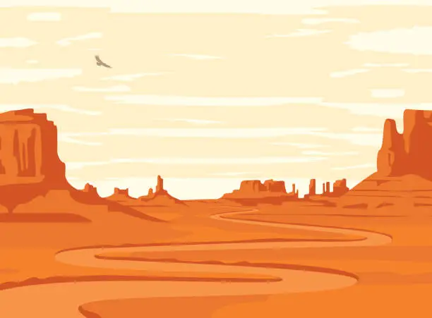 Vector illustration of western desert landscape with winding dirt road